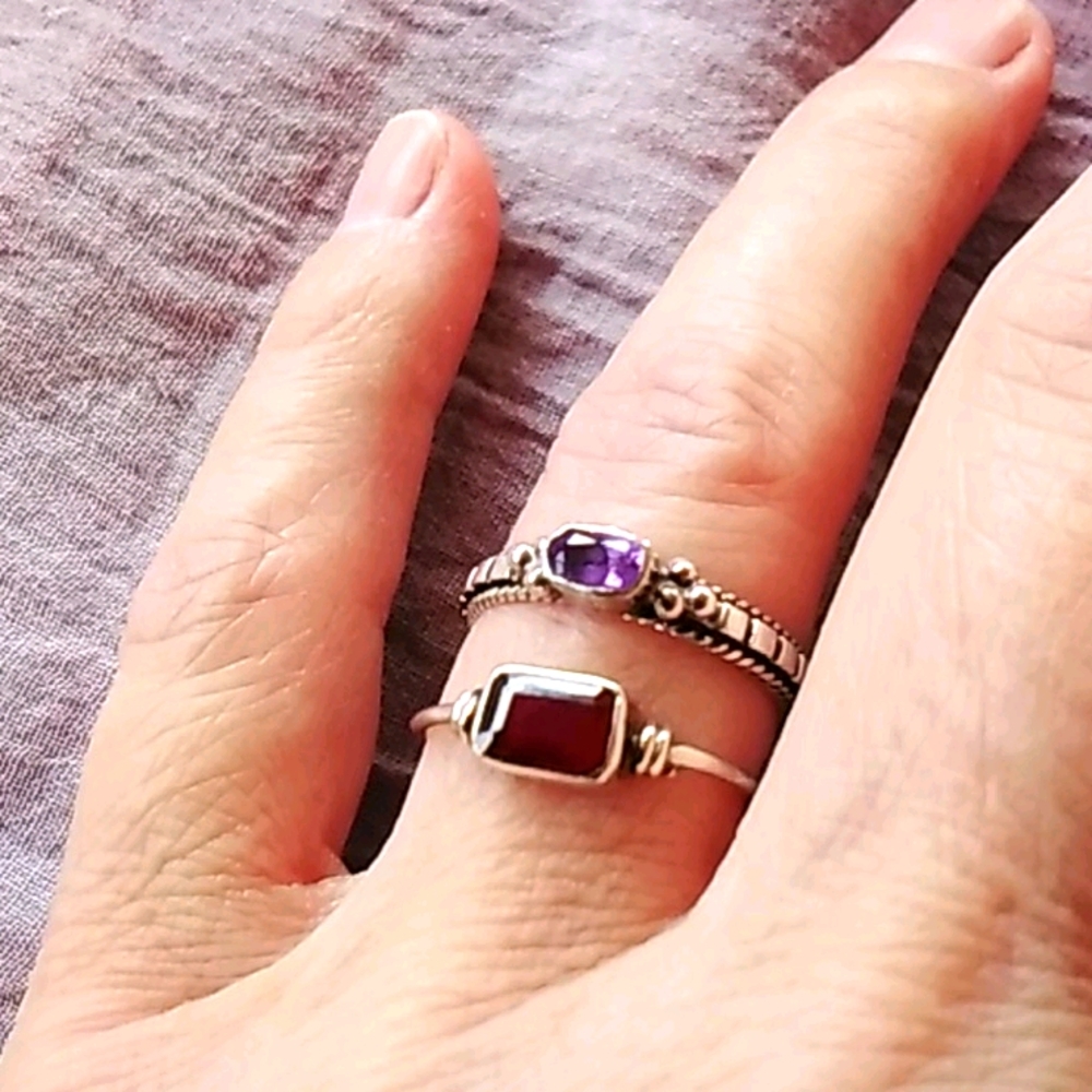 Sterling silver rings with amethyst and garnet.